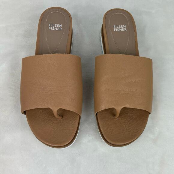 Eileen Fisher Touch Leather Flatform Sandal Size 9 Tan‎ White Platform Thong - Picture 2 of 15